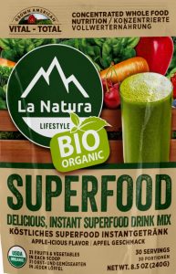 Superfood lioegt voll im Trend. 31 Obst- und Gemüsesorten 100 % Bio von Bauern nachhaltig angebaut. 1 Löffel Gesundheit am Tag
